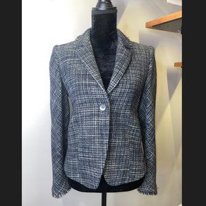 Theory Laseili Wool Fitted Blazer, Navy Grey Black Plaid